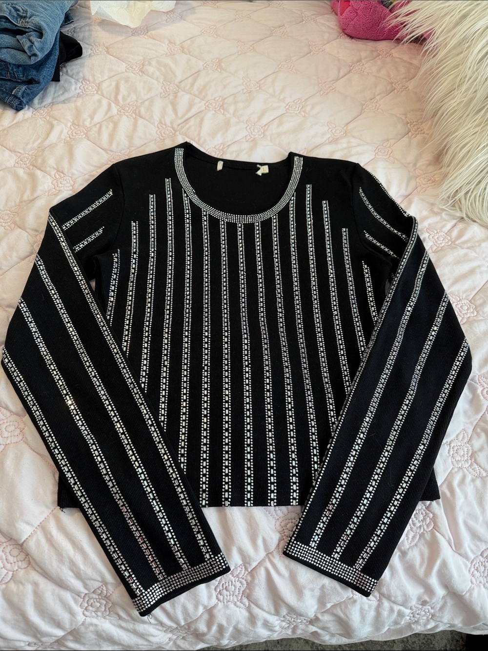 Black Rhinestone-Trim Crewneck Sweater